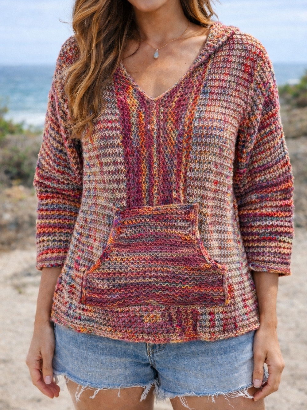 Angie Baja Hoodie Boho Knit Pullover Multicolor Festival Sweater Small
